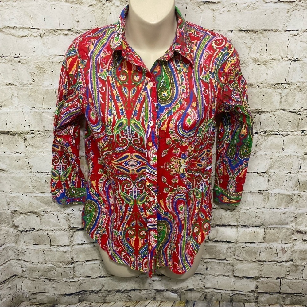 Lauren Ralph Lauren Red Floral 3/4 Sleeve Button Up